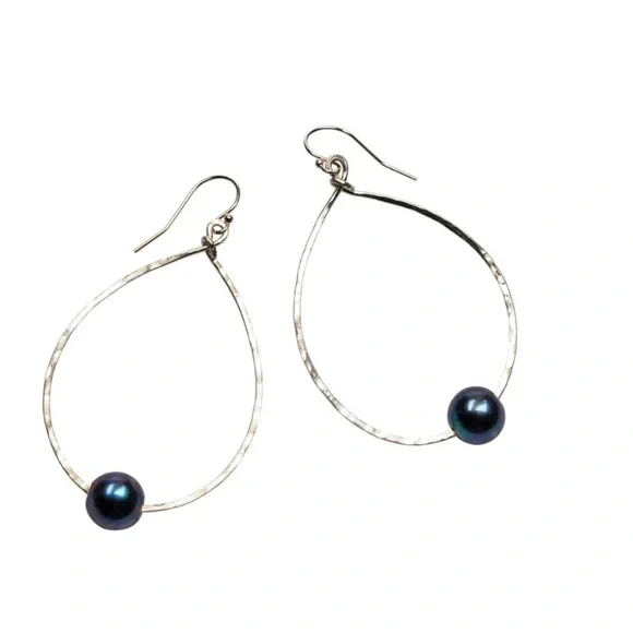 *SOLD* Made in Hawaii Sterling Silver DARK PEARL HARBOR TEARDROP EARRINGS - Picture 1 of 1